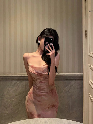 Sheath Spaghetti Straps Floral Pink Prom Dresses Tea Length Birthday Outfits SD681